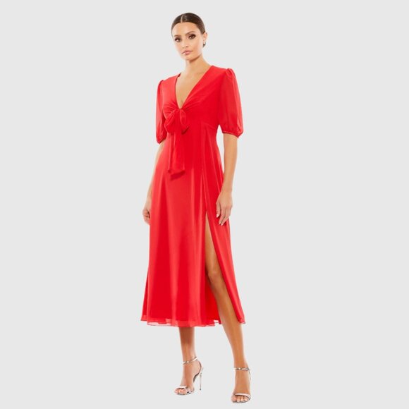 NWT Mac Duggal V Neck Bow Detail Flowy Midi Dress Chili Red 4 #A0534 - 35 - Picture 1 of 9